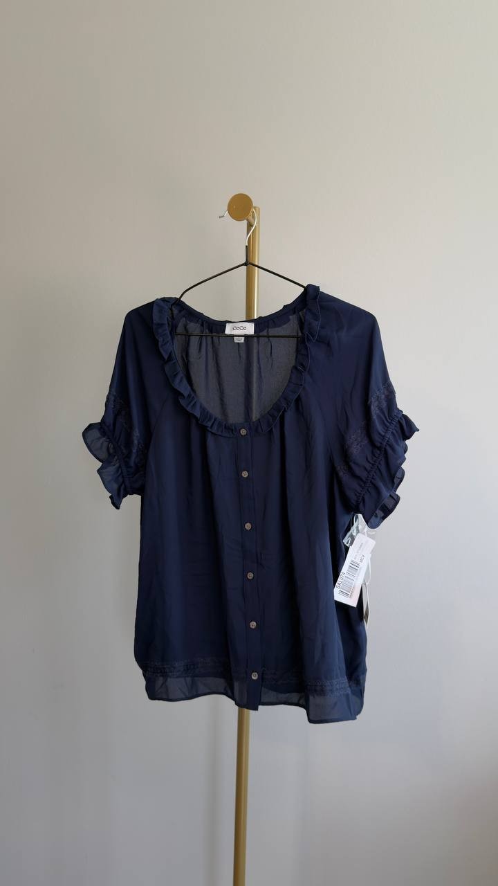 CeCe Wide Ruffle Neck Button Front Top Classic Navy L NWT $79