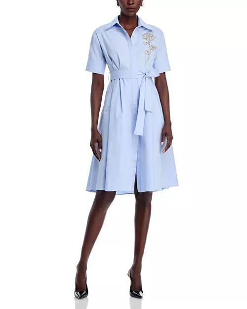 T Tahari Rose Appliqué Cotton Dress LightBlue Size-L Button-Front Tie Waist