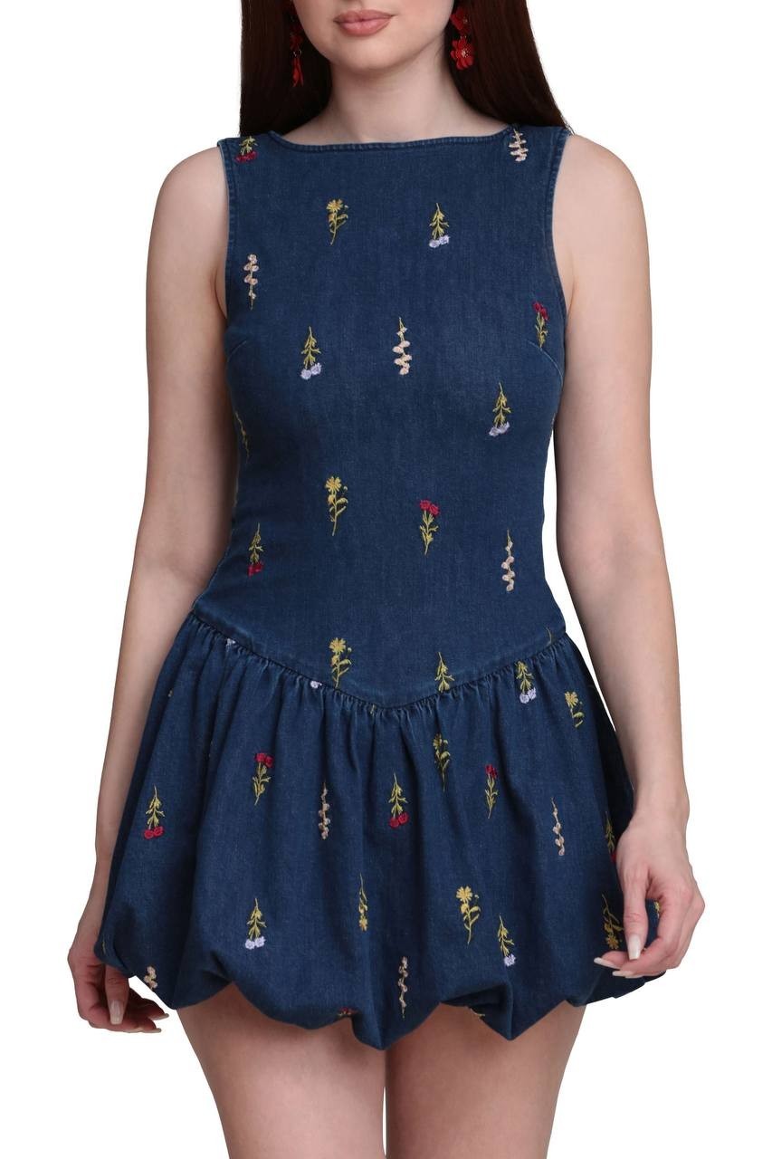 Avec Les Filles Embroidered Bubble Hem Denim Dress Monarch Botanical 8 NWT $138