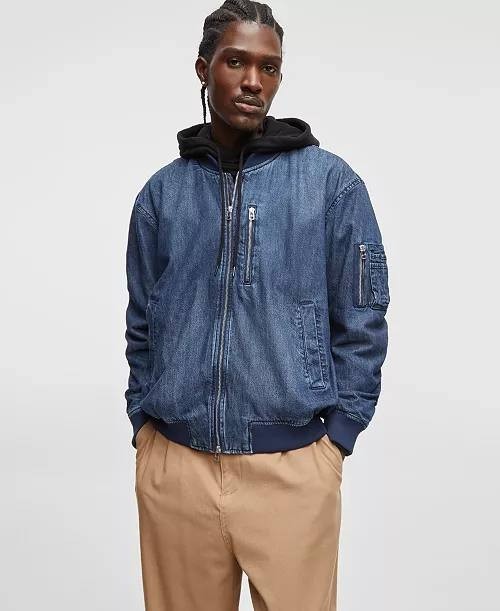 Mode of One Men’s Costas Zip‑Front Denim Bomber Jacket Blue L $100 NWT