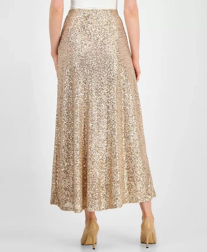Anne Klein Sequin Flared Maxi Skirt Luxe Champagne L NWT $129