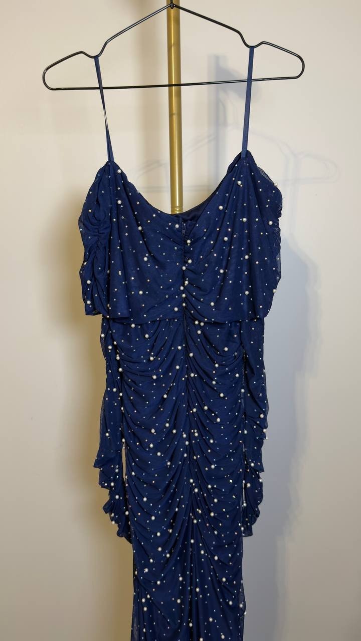 B Darlin Plus Off‑Shoulder Pearl Gown Navy 16W NWT $119