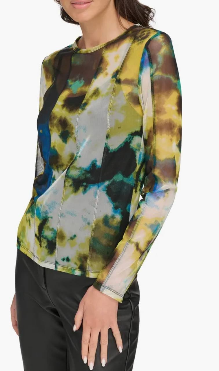DKNY Tie-Dye Mesh Top – Size XS – NWT – Floral Multi Long Sleeve Crewneck Sheer