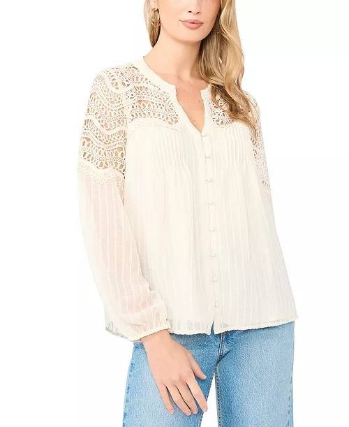 Vince Camuto Women’s V‑Neck Long Sleeve Button Blouse New Ivory L NWT $109
