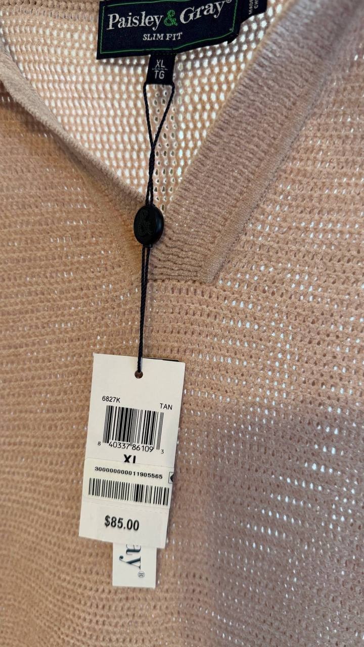 Paisley & Gray Men’s Slim‑Fit Open‑Collar Knit Polo Sweater Tan XL/TG $85 NWT