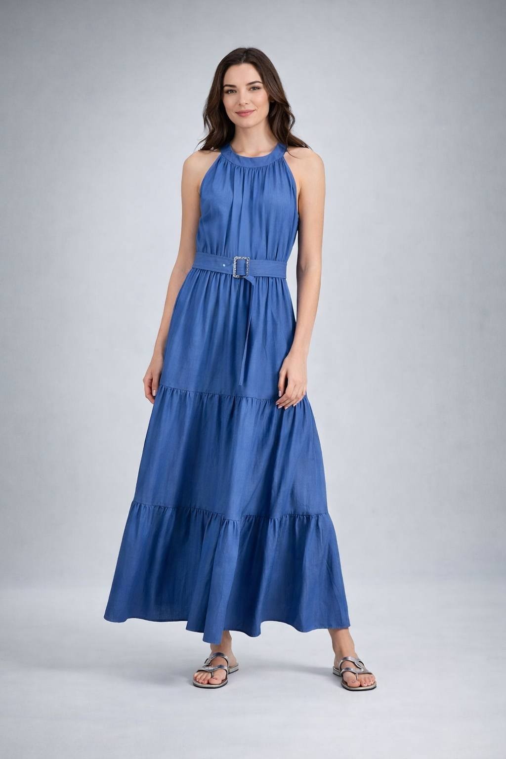 T Tahari Women’s Tiered Fit & Flare Halter Maxi Dress Blue $138 NWT