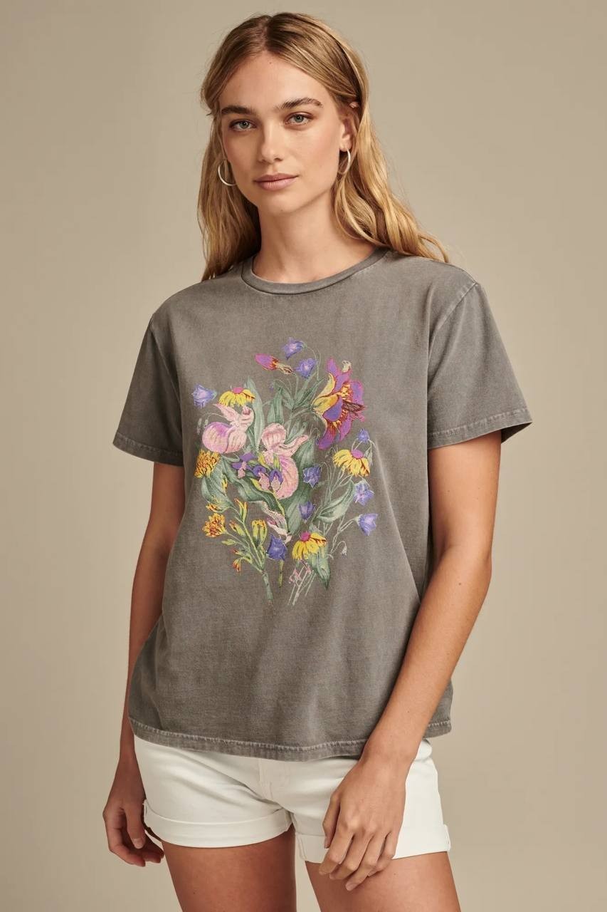 Lucky Brand Faded Neon Floral Classic Crew Dark Dull Grey L Pre‑Owned $39.50