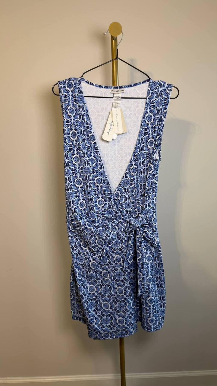 Tommy Bahama Terrazzo Tile Wrap Cover‑Up Romper Blue Multi M NWT $148