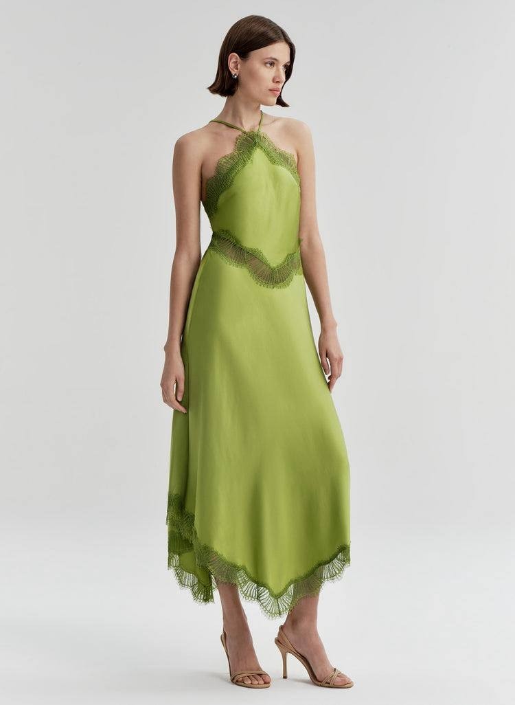 A.L.C. Lucia Satin & Lace Halter Midi Dress Peridot 8 NWT $695
