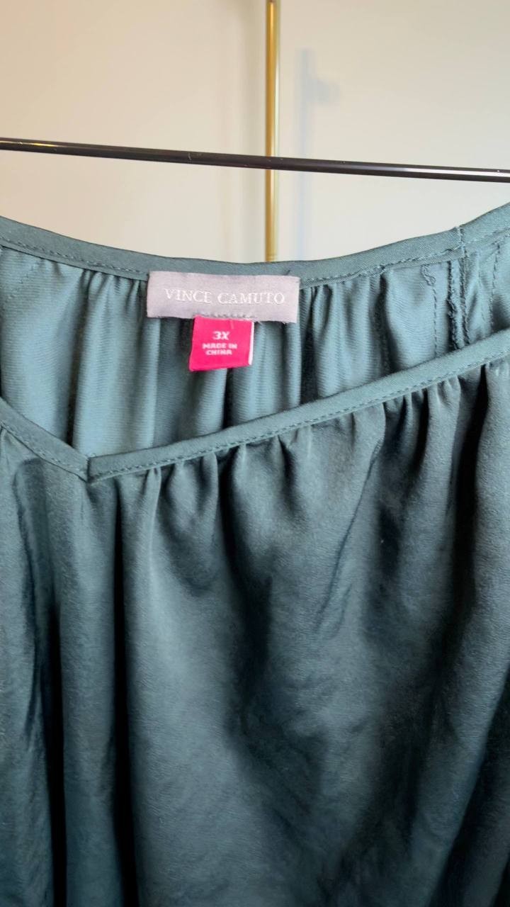 Vince Camuto Bead Detail Hammered Satin Top Dark Green 3X NWOT $89