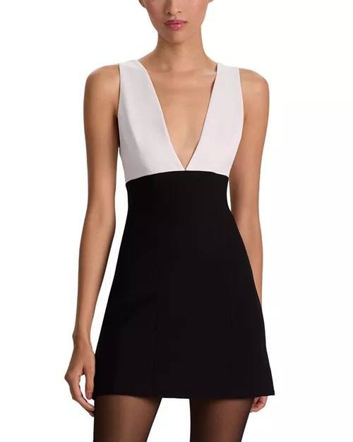 Alice + Olivia Mandy Deep Plunge Neck Mini Dress Black/Off White 2 NWT $395