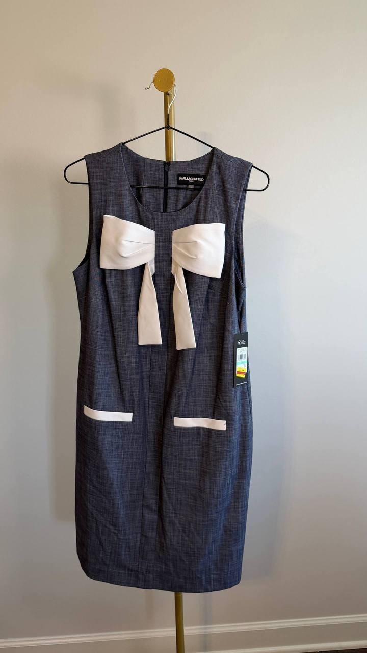 Karl Lagerfeld Paris Women’s Bow Front Sleeveless Dress Blue Gray 8 $169 NWT
