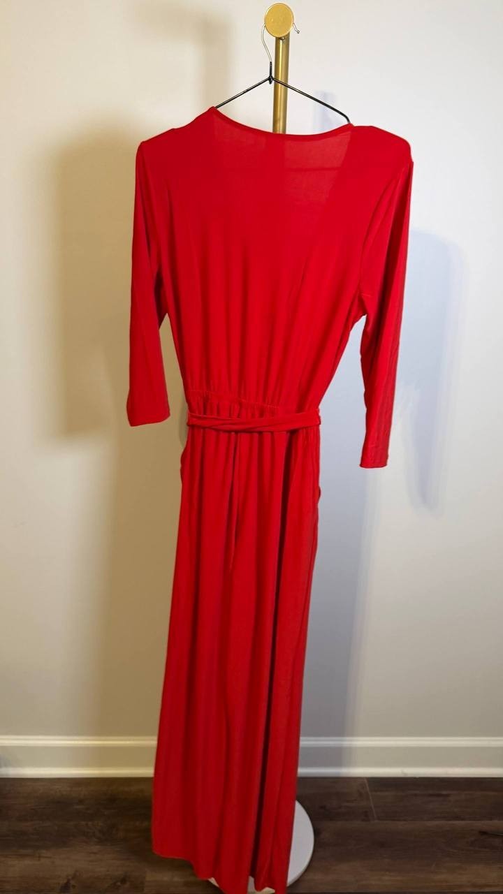 NY Collection Women’s 3/4 Sleeve Belted Jumpsuit Barbados Red PM $66 NWT