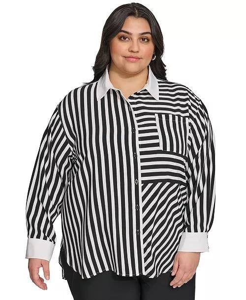 Karl Lagerfeld Paris Plus Striped Button‑Front Shirt Black/White 2X NWT $109