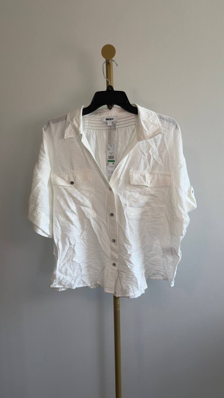 DKNY Women’s Short Sleeve Roll Tab Shirt Ivory L NWT $89