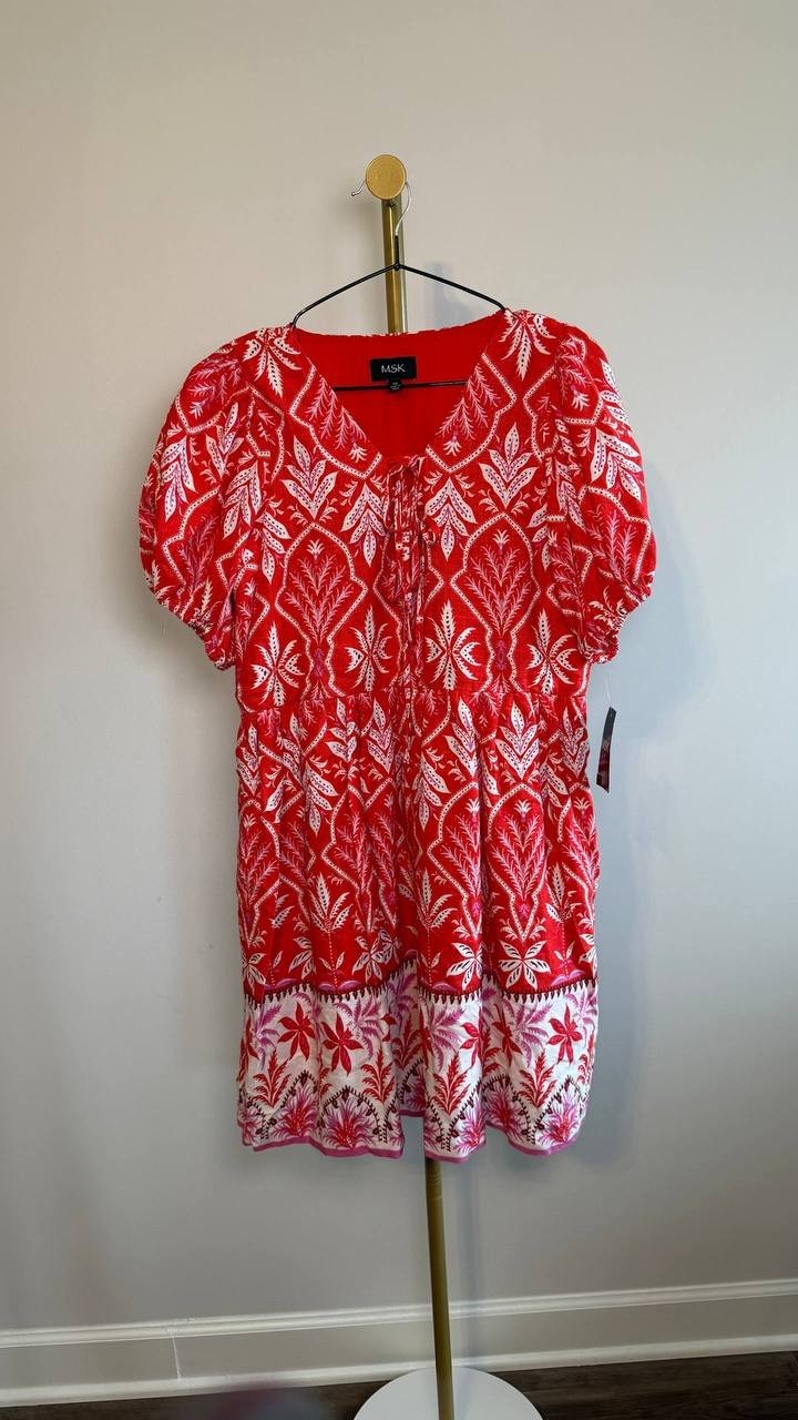 MSK Printed Tie‑Neck Short‑Sleeve Fit & Flare Dress Red XS NWT $89