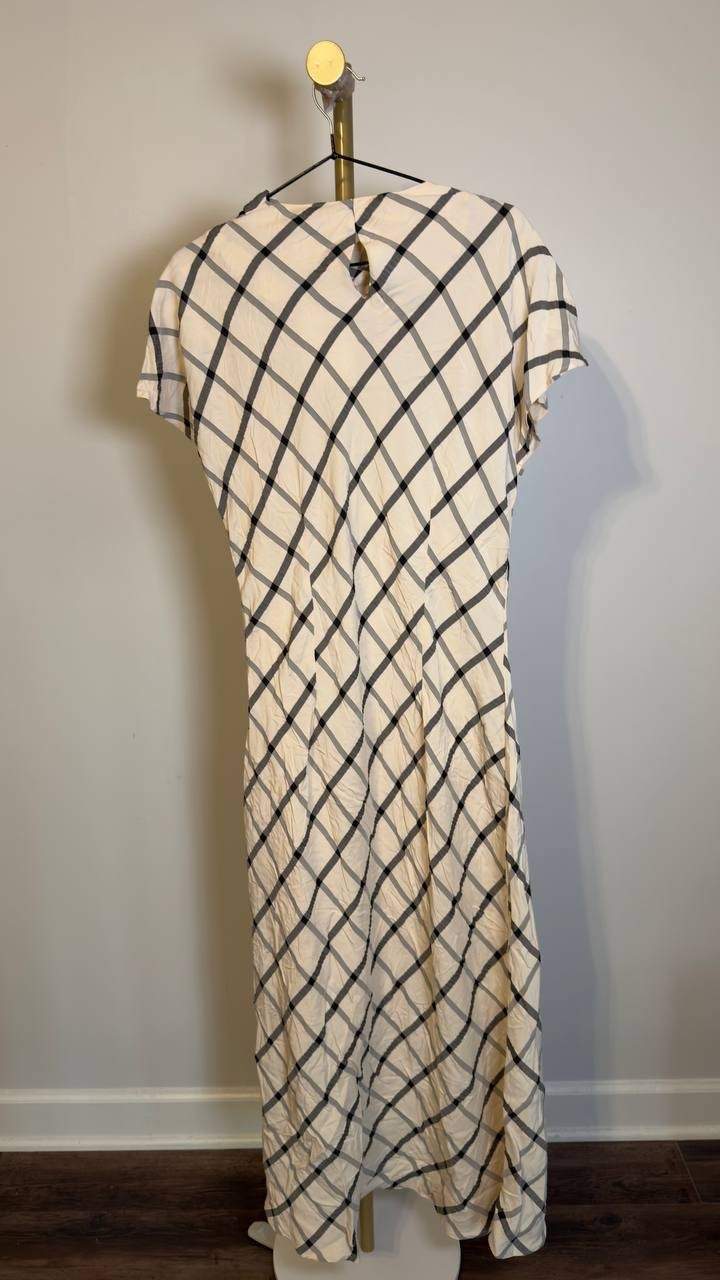 Mango Women’s Draped Neckline Checked Dress Beige XL NWT $100