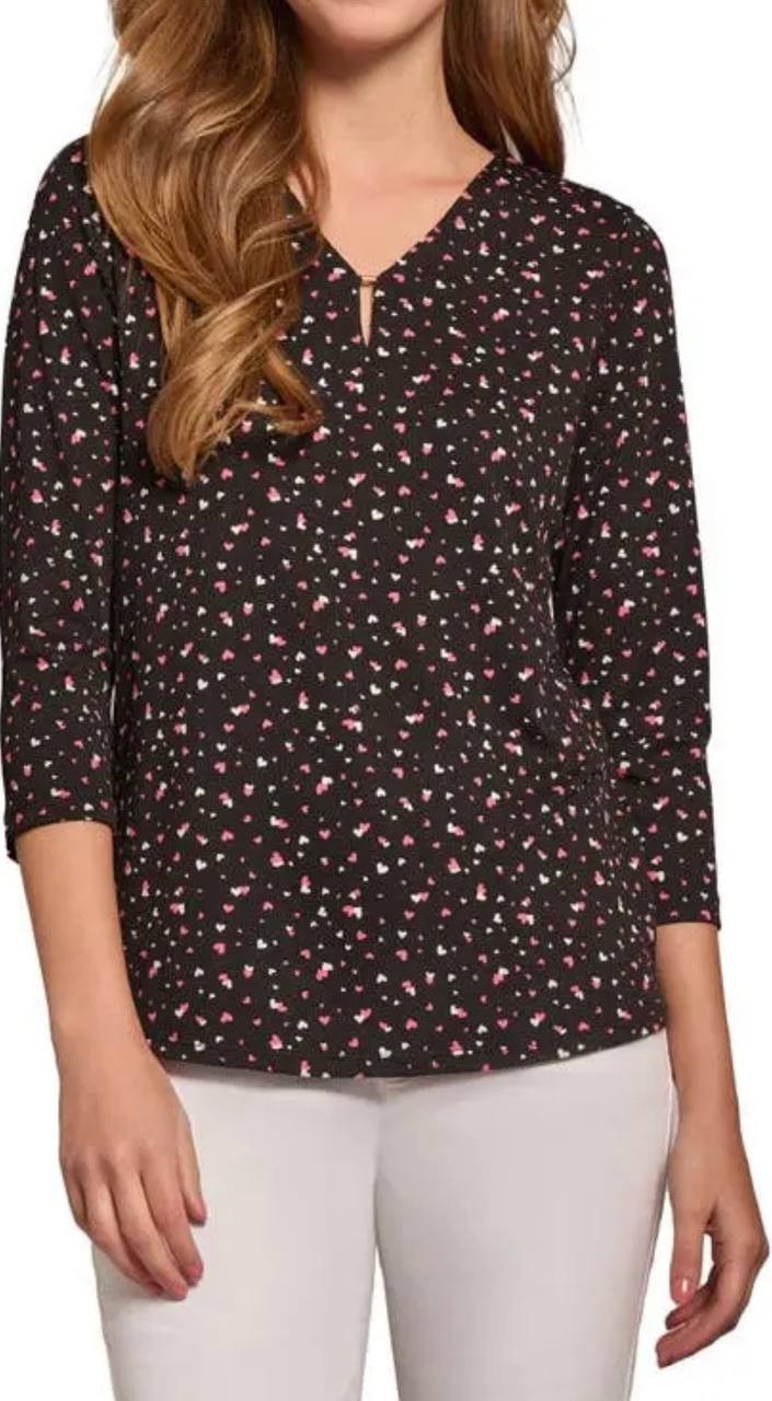 Jones New York Heart‑Print 3/4 Sleeve Crepe Top Black Multi S $59.50 NWT