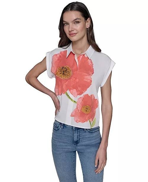 Karl Lagerfeld Paris Floral‑Print Blouse White Floral L NWT $109