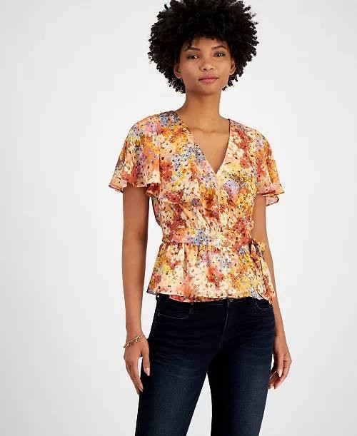 GUESS Women’s Ferra Wrap Top Daisy Peplum SizeL NWT(damaged on the shoulder)mult