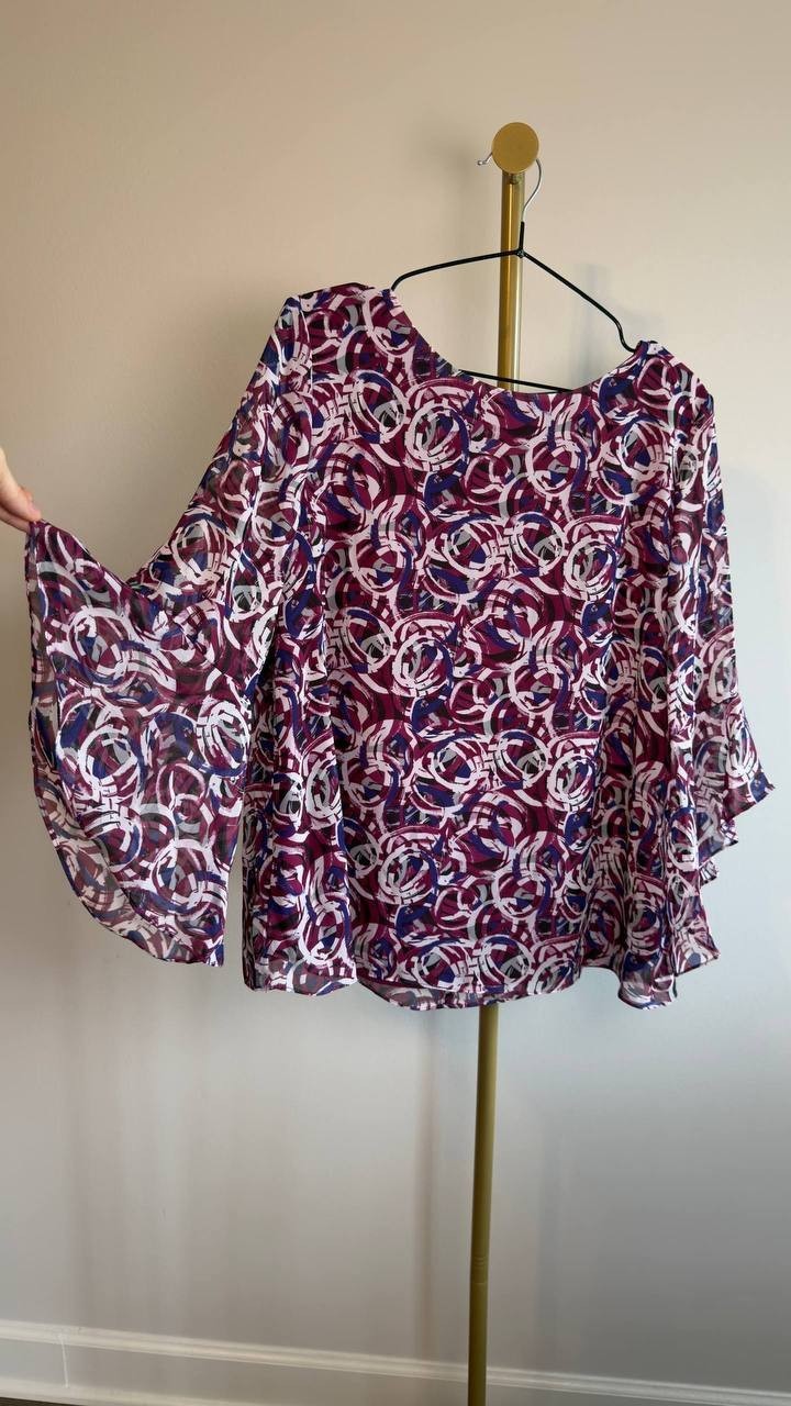 Kasper Flutter‑Sleeve Abstract‑Print Top Cerise Multi L NWT $69