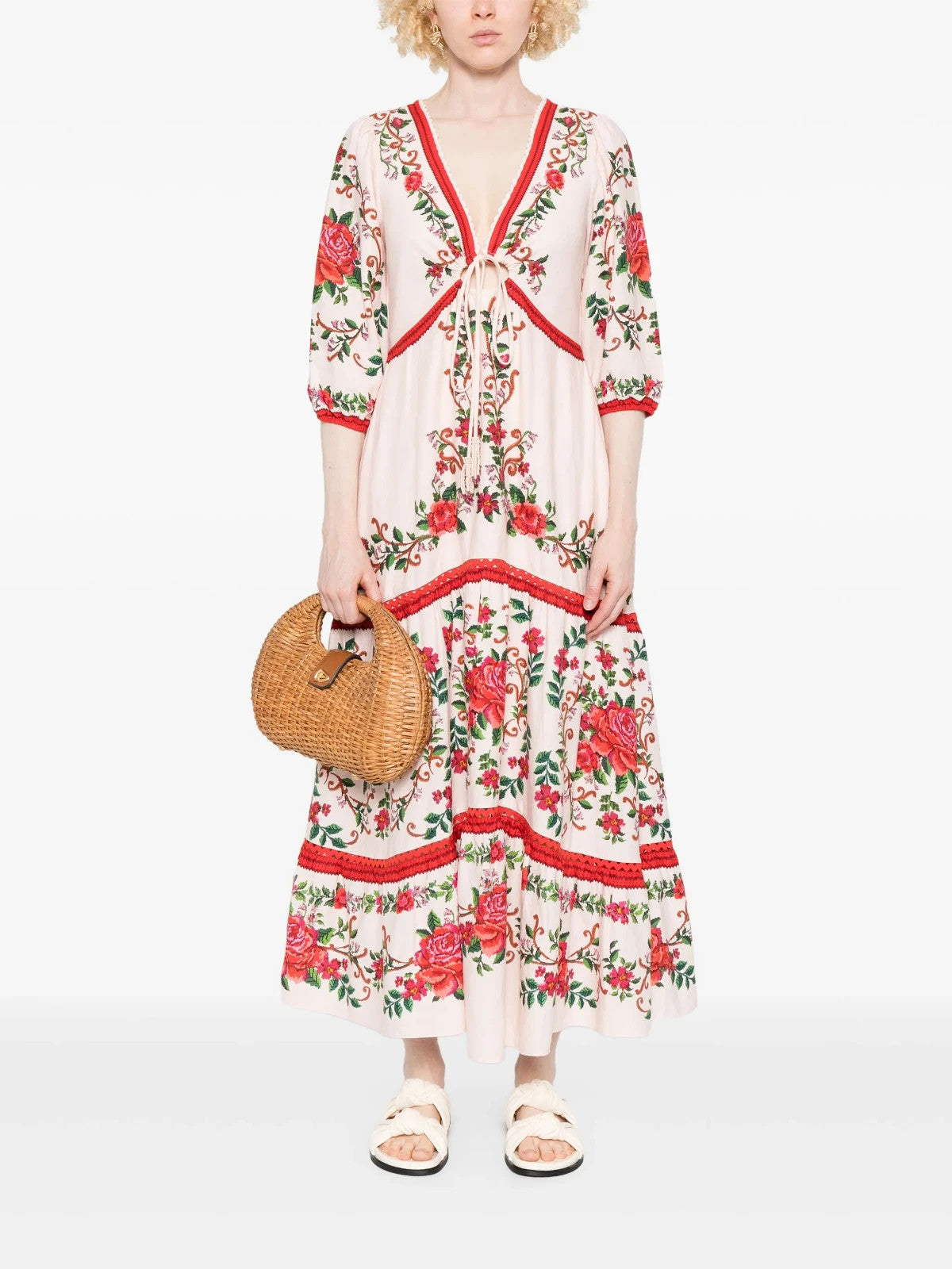 FARM Rio Floral Jacquard Maxi Dress Pink with Cutouts and Scalloped Edge M