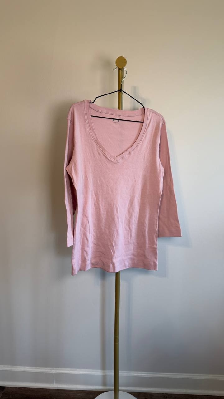 Three Dots Knit 3/4 Sleeve V‑Neck Tee Light Pink XL NWOT $55