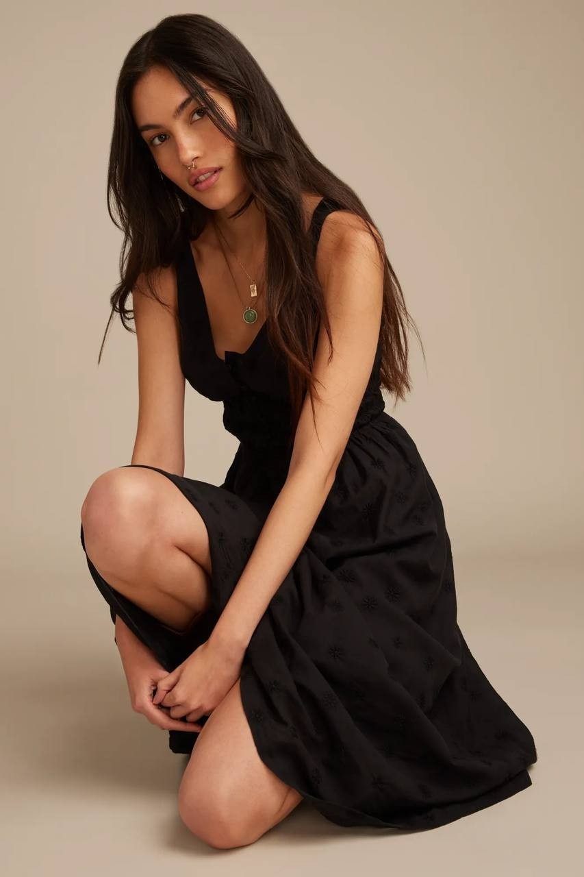 Lucky Brand Dress M Black V-Neck Smocked Waist Midi Flutter Sleeve MSRP $149