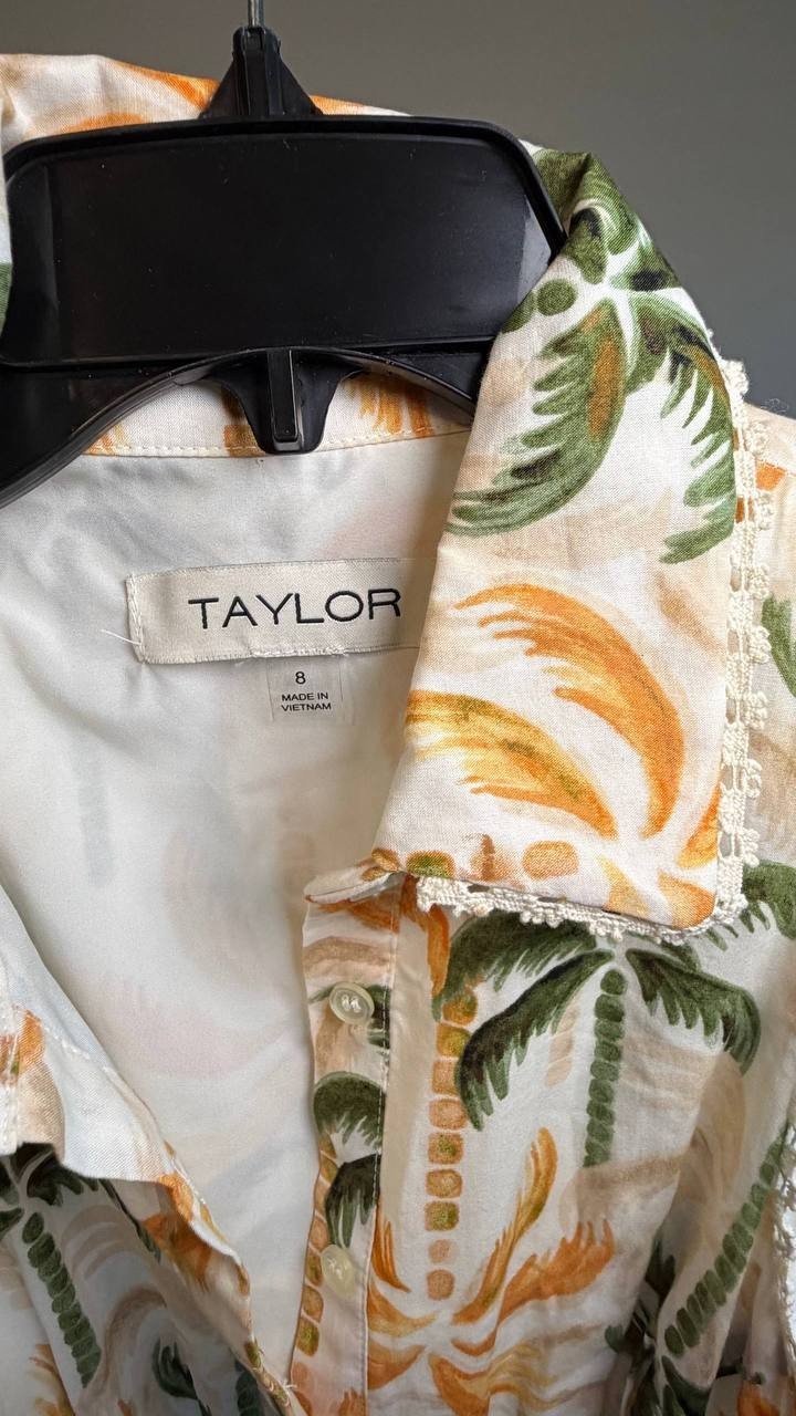 Taylor Printed Taffeta‑Belt Sleeveless Fit & Flare Dress Multi 8 NWOT $138