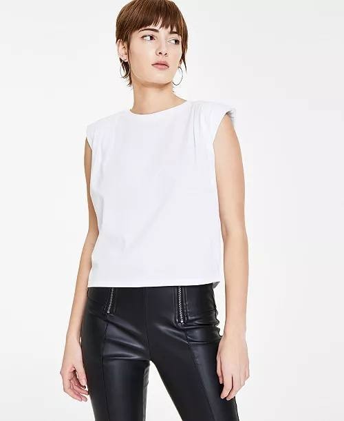 Bar III Cotton Top XS White Pleated Shoulder Sleeveless Crewneck Minimalist