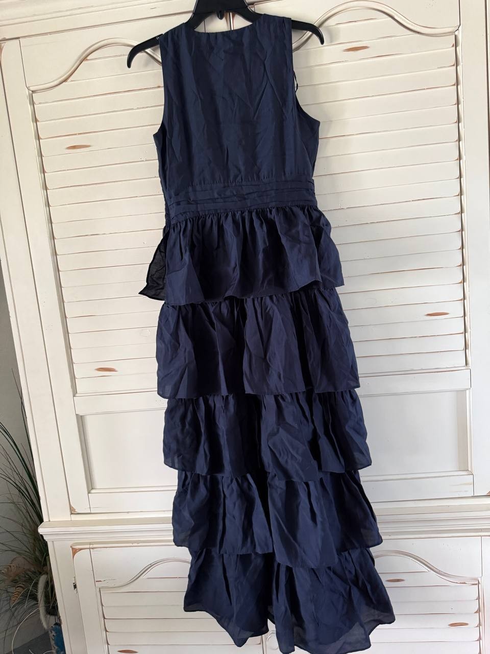 1.STATE Indigo Night Maxi Dress, V-Neck, Cascading Ruffle, Size 4, Sleeveless