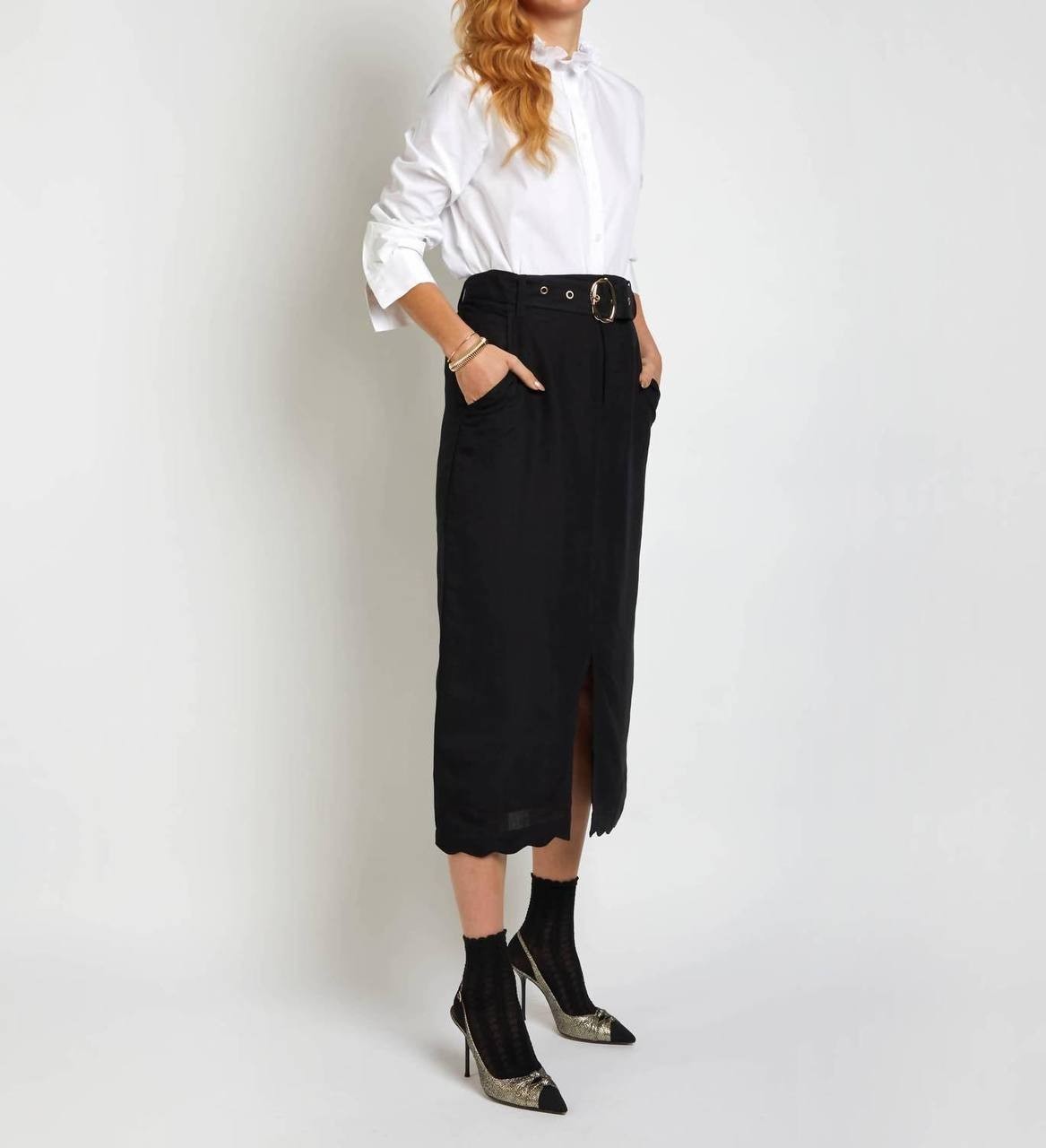 Joyce Met Rachie Sarita Linen Midi Skirt Black Size 0 NWOT $320