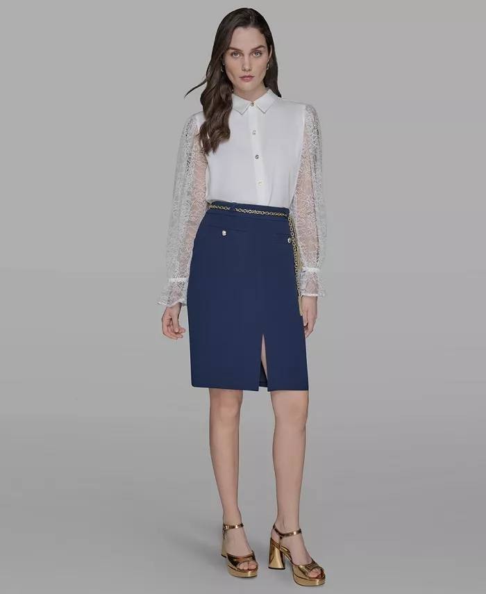 Karl Lagerfeld Paris Chain‑Belt Front‑Slit Pencil Skirt Navy 2 NWT $109