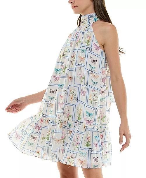Taylor Mock‑Neck Butterfly‑Print Ruffled‑Hem Dress White Multi 10 NWT $70