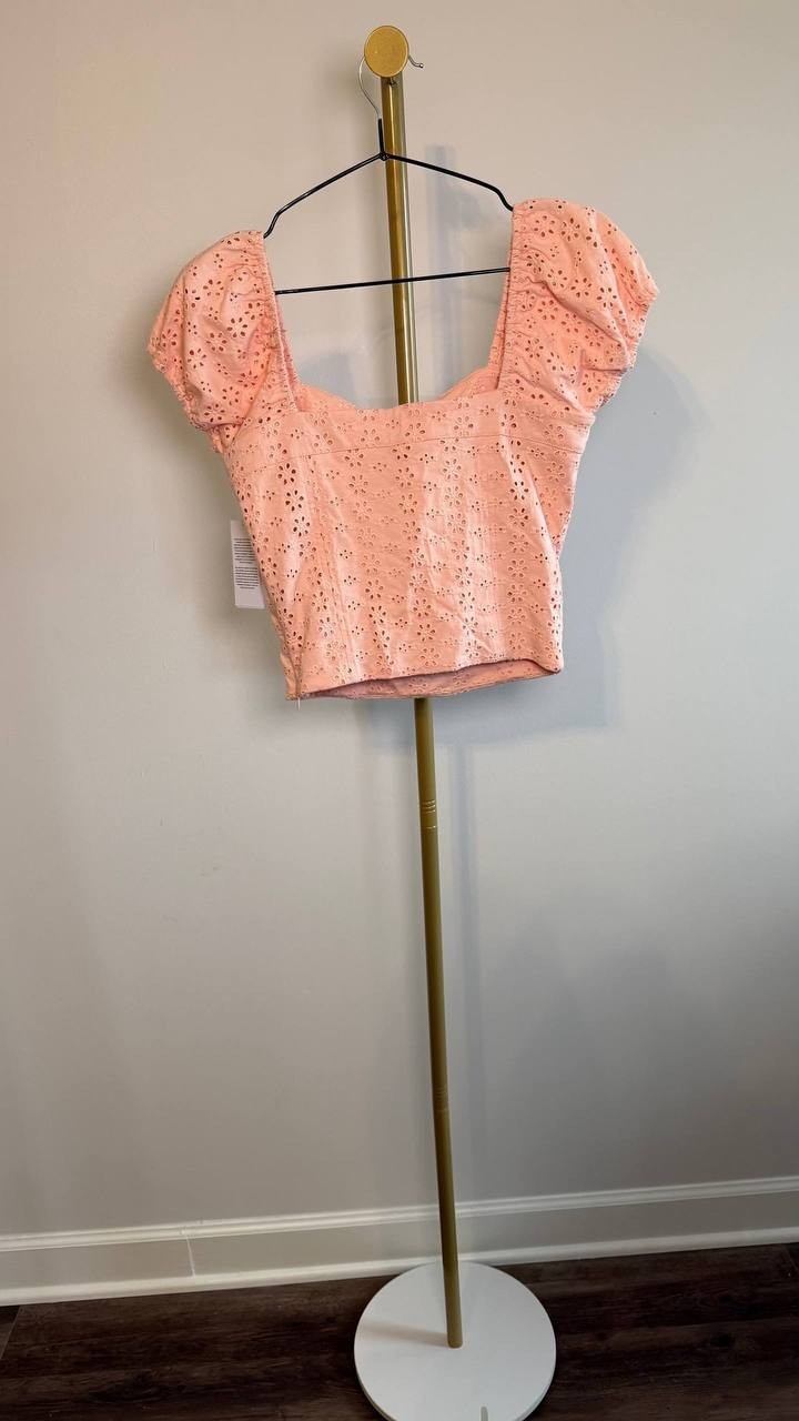 Guess Eco Embroidered Sheer Lace‑Up V‑Neck Blouse Peach Cream Multi S NWT $69