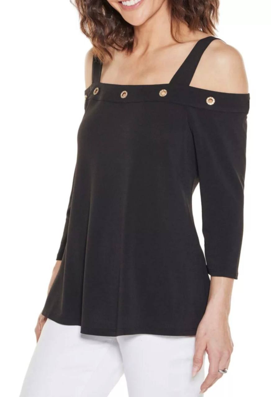 Belldini Grommet-Trim Cold Shoulder Top Black L NWT $59