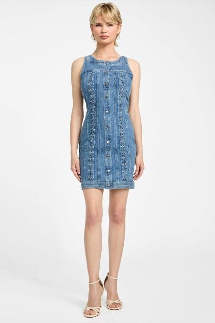 Guess Lisbeth Midi Denim Dress Lace Up Blue Size L NWT $188