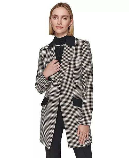Karl Lagerfeld Paris Women’s Checkered One‑Button Blazer Black White 4 $199 NWT