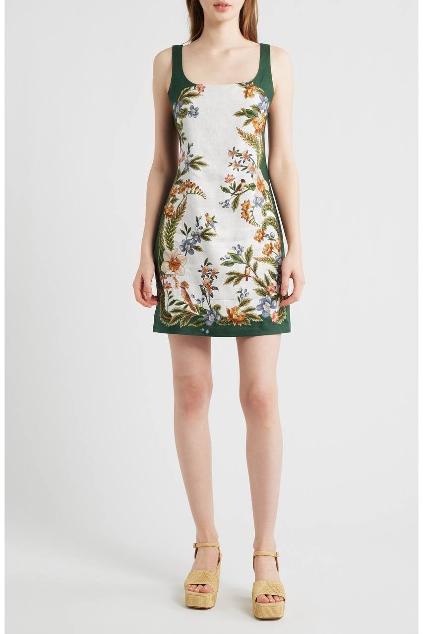 FARM Rio Nature Sand Print Linen Minidress Nature Sand Green S NWT $210