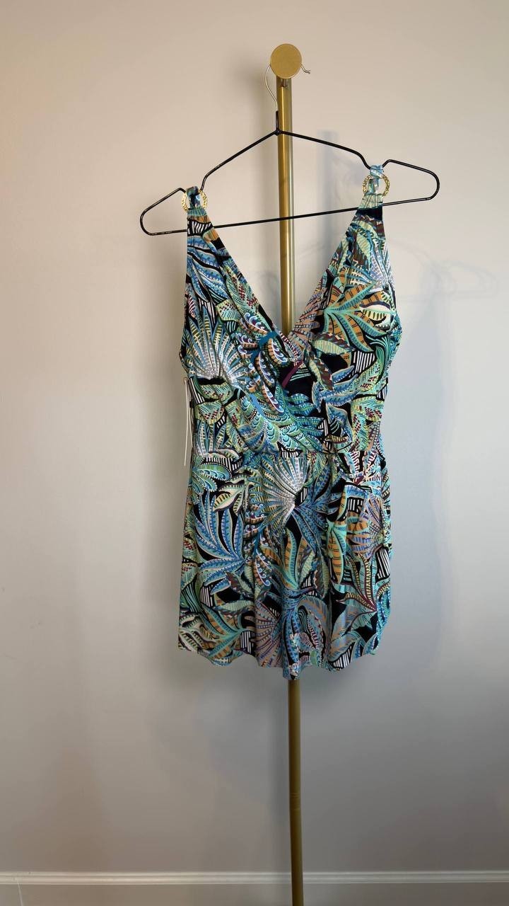 Beyond Control V‑Neck One‑Piece Swim Dress Black Multi 8 NWT $144