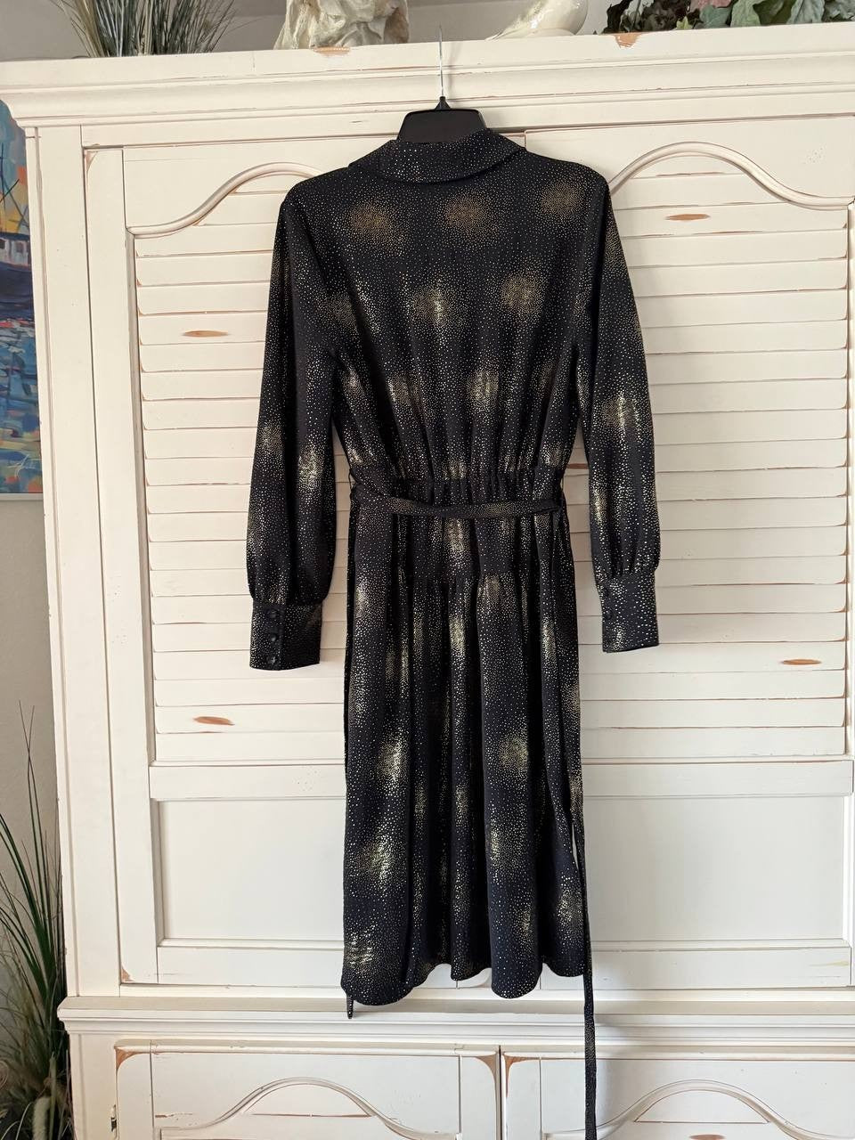 🖤 Calvin Klein Collared Self-Tie Belt A-Line Dress Black Size 8 -- Elegant Chic