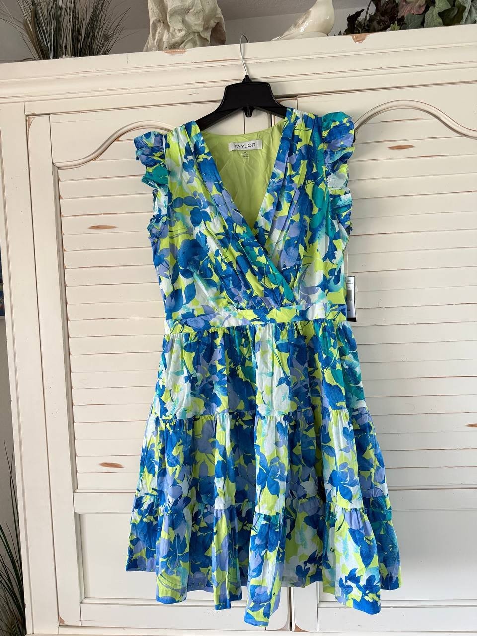 Taylor Dress 14 Navy Floral Cotton Ruffle Sleeve Tiered Midi Fit & Flare NWT