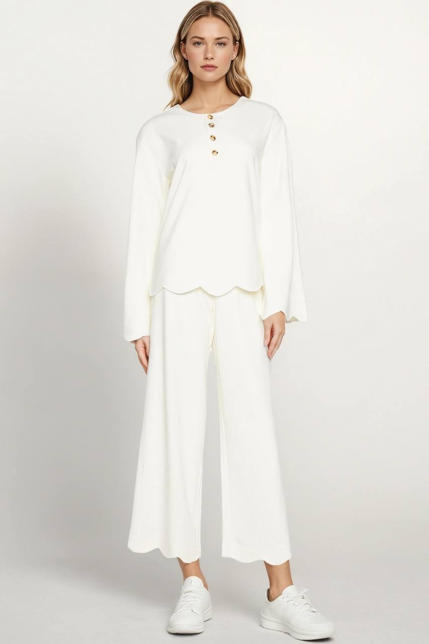 Three Dots Scalloped Bell Sleeve Henley Top White M $78 NWT