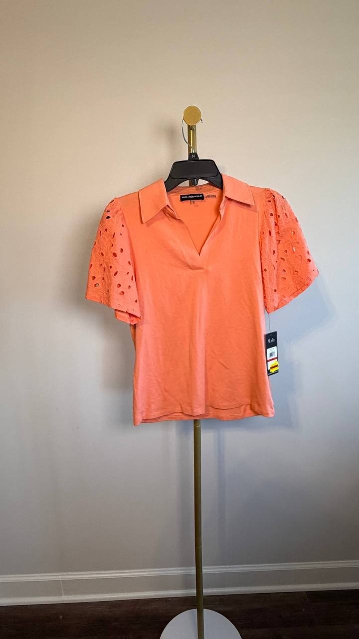 Karl Lagerfeld Paris Eyelet Puff‑Sleeve Collared Top Coral XS NWT $89
