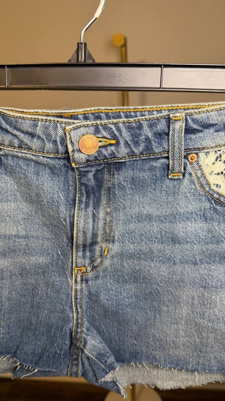 Guess Eco Lace‑Trimmed Denim Katie Shorts Blue 31 NWT $98
