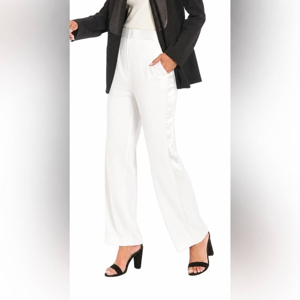 Muse Satin-Trim Straight-Leg Pants Ivory 14 NWT $99