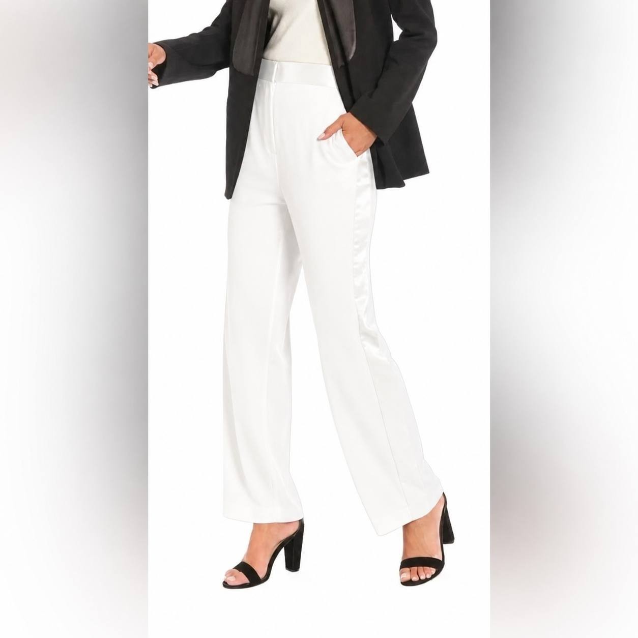 Muse Satin-Trim Straight-Leg Pants Ivory 14 NWT $99