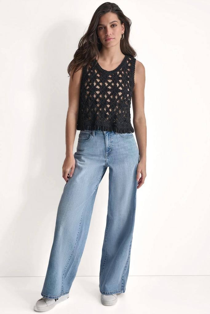 DKNY Jeans Cropped Fringe Crochet Tank – Black – Size L – NWT – $59