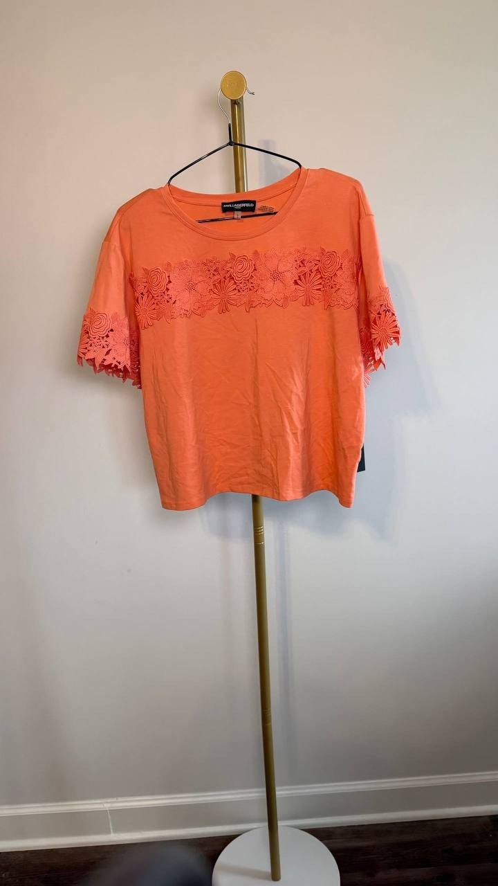 Karl Lagerfeld Paris Lace Trim Tee Peach L NWT $79