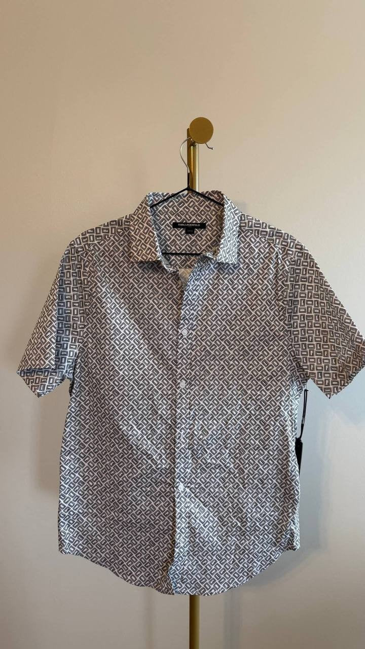 Karl Lagerfeld Paris Men’s Logo Print Button‑Front Shirt Black/White S/P $89 NWT